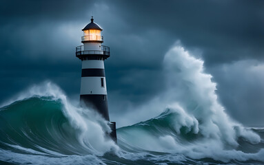 Naklejka na ściany i meble Lighthouse in a storm with brutal waves an thunder | Digital art