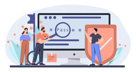 People with cyber security concept. Men and woman near monitor with shield and magnifying glass. Prevention of hacks and hacker attacks. Safety and protection. Cartoon flat vector illustration