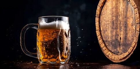 Mug with lager on a table in a bar, banner for Oktoberfest or international beer day, AI generated