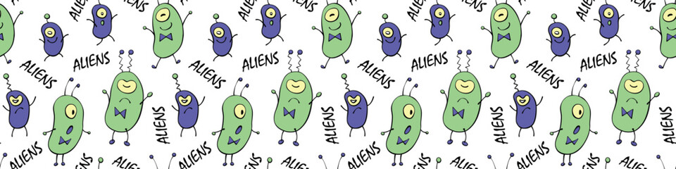 Fototapeta premium Seamless pattern with funny Aliens, inscriptions in doodle flat style. Humanoids, Martians, insects. Vector cute background, texture on theme of space, UFO, fantastic, kids design