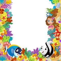 Obraz na płótnie Canvas cartoon scene with coral reef and happy fishes swimming near mermaid princess isolated illustration for children