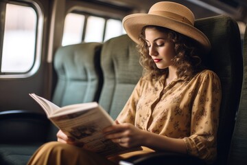 Photo of a woman reclining comfortably in her seat, reading a travel magazine, and wearing a hat. Generative AI