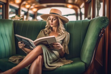 Photo of a woman reclining comfortably in her seat, reading a travel magazine, and wearing a hat. Generative AI