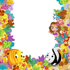 Fototapeta premium cartoon scene with coral reef and happy fishes swimming near mermaid princess isolated illustration for children