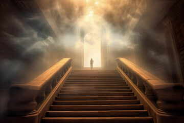A captivating image of a stairway ascending toward the heavenly sky, bathed in divine light. Image ai generate