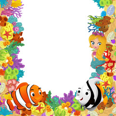 cartoon scene with coral reef and happy fishes swimming near mermaid princess isolated illustration for children