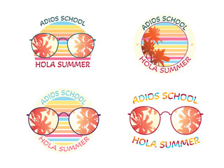 Summer design collection Adios School, Hola Summer text with a sunglasses and palm trees silhouettes. Vector illustration isolated on a white background © tiena