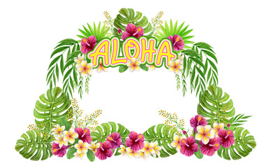 Tropical frame Aloha Hawaii greeting. Hand drawn watercolor painting with Chinese Hibiscus rose, frangipani and palm leaves. © Marisha