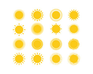 The set of the sun. Vector illustration of the yellow sun in different ways, with different rays. Icon. Cartoon children s vector image.