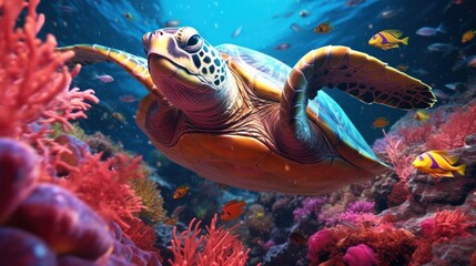 Fototapeta na wymiar An underwater turtle and corals. Generative AI.