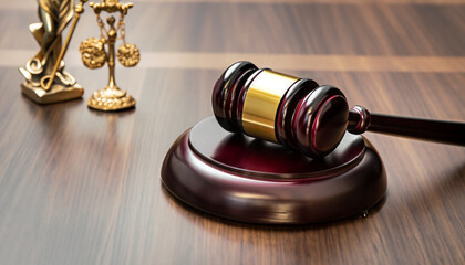 Obraz premium Brown gavel with a brass band and a statue of justice on a wooden table. Generative AI