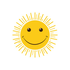 The sun. Vector positive illustration of a yellow smiling sun with joyful emotions, with beautiful rays. Happy sun. Icon. Cartoon children s vector image isolated on a white background.