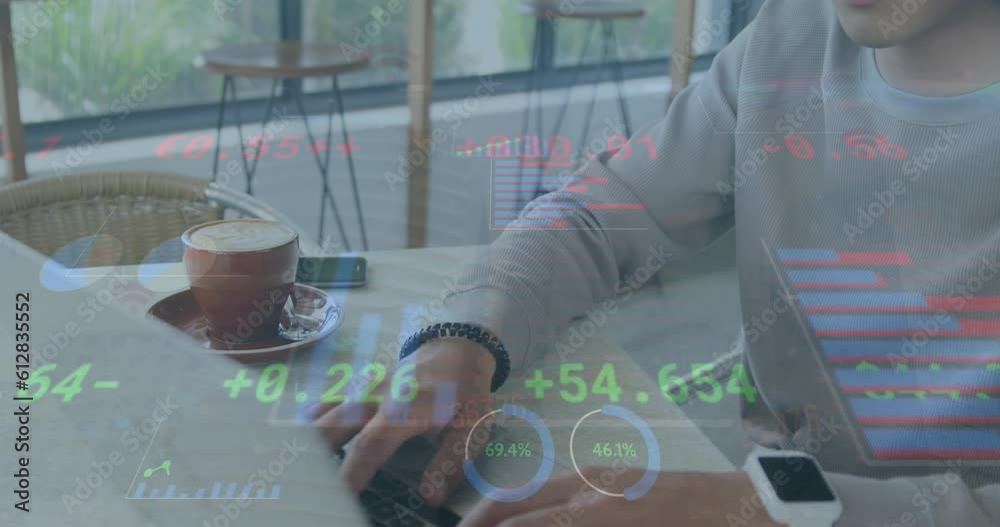 Poster animation of statistical data processing against mid section of a man using laptop at a cafe