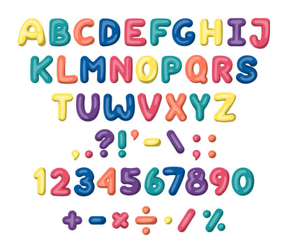 Vector balloon alphabet and numbers set with light and shadows. Cartoon numbers and symbols, punctuation marks. Multiplication, division, plus and minus symbols. Happy birthday congratulation letters