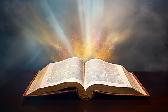 Open Bible with a light coming from above on a wooden desk Image ai generate