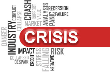 Crisis word cloud on red banner,