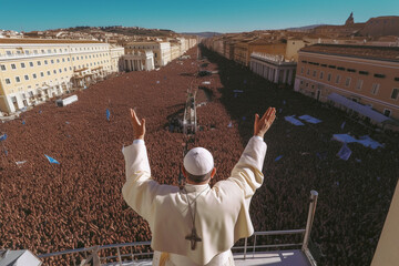 Photo of pope with his back turned to the camera greeting people Image ai generate - obrazy, fototapety, plakaty