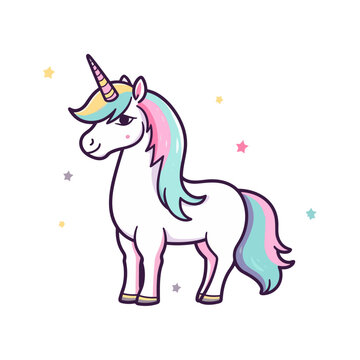 Vector trendy fairy cute cartoon beautiful unicorn with stars character sticker isolated on white background. Design for child card, t-shirt, pattern, print etc