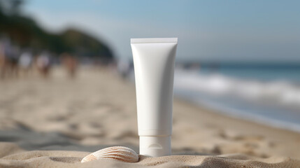 white tube of cream, on the sand near a shell on the seashore on a nice sunny day, generated by AI