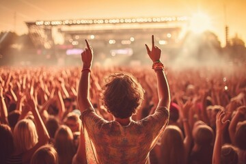 The vibrant atmosphere of a music festival with a crowd of enthusiastic fans cheering for their favorite band. Generative AI