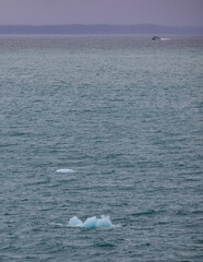 Cruise to Hubbard Glacier Bay in Alaska with floating ice bergs and drift ice floes on ocean water...