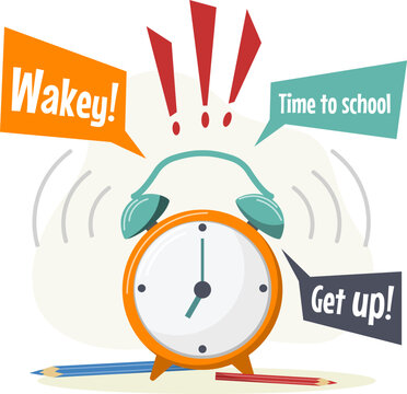 Vector illustration of an alarm clock with words. Suitable for posters, banners. School design, sticker design, web elements.