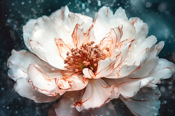 Close-up blooming delicate peony flower as floral colorful background. Bright botanical background for wallpaper, poster, product packaging, wedding invitation or presentations. Generative AI