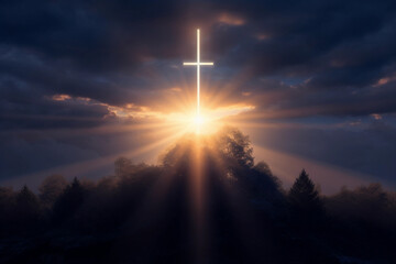 A captivating scene of a cross radiating luminous light against a celestial sky Image ai generate