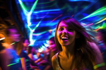 Fototapeta na wymiar The vibrant energy of a crowded nightclub with colorful lights and pulsating music. Motion blur, highlighting the dynamic dance moves of the beautiful girls and guys. Generative AI