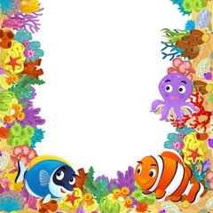 Fototapeta na wymiar cartoon scene with coral reef and happy fishes swimming near isolated illustration for children