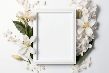 Empty frame with flowers on white background for wedding and valentine's day Generative AI