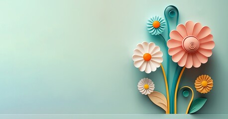 cute colorful flowers with copy space for text massages, greeting, wishes banner on blue background, 3d render floral background