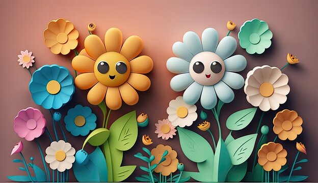 flower charecters - cute colorful cartoon flowers horizontal funny wallpapet, 3d render floral background