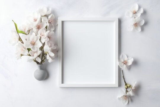 Empty frame with flowers on white background for wedding and valentine's day Generative AI