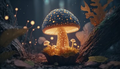 Fototapeta na wymiar Magical mashroom in fantasy enchanted fairy tale forest with lots of brighness and lighting.Generative AI.