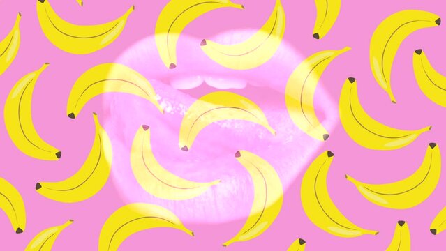 Modern trendy background with open mouth or lips on pink banana background. motion graphics looped background. animated collage. Fashion concept