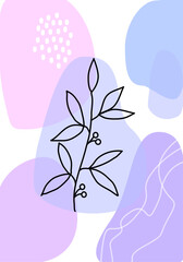 Gentle abstract vector botanical composition, with pink and purple spots in the background, freehand digital illustration.