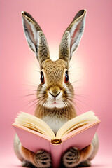 A cute hare with big round eyes reads a book, late reading at night. Favorite fairy tales, generative ai
