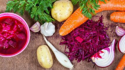 Sliced vegetables for the borscht - cabbage, potatoes, beets, carrots, onion, garlic. - generative ai