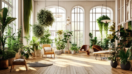 modern apartment interior in light colors, natural materials, eco concept, cozy with many house plants,copy space, mockup
