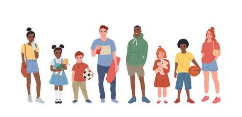 Group of different kids and teenagers. Vector flat cartoon illustration
