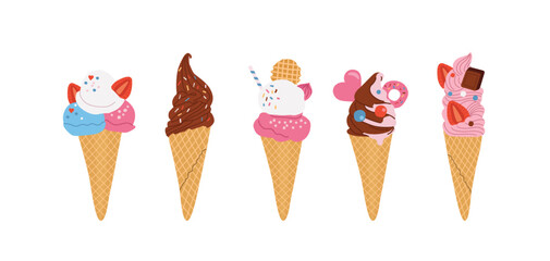 Set of ice creams in wafer style cone. Vector flat style illustration