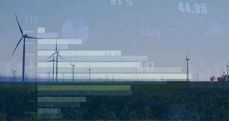 Animation of statistical data processing over spinning windmills on grassland against grey sky - Powered by Adobe