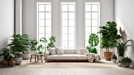 Fototapeta na wymiar modern apartment interior in light colors, natural materials, eco concept, cozy with many house plants,copy space, mockup