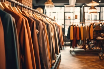 Fototapeta na wymiar Diversity of formal clothes hanging in modern retail shop. Generative AI