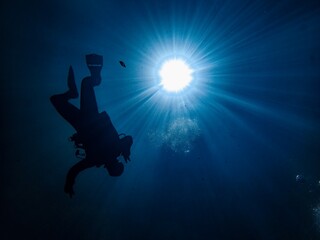 Underwater POV of sunburst with scuba diver, looking up from Orange Grove Sink, Wes Skiles Peacock Springs State Park, Florida