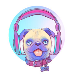 Pug in headphones. Pug-gamer. Pug music lover