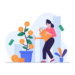 Woman watering a money tree growing in a pot