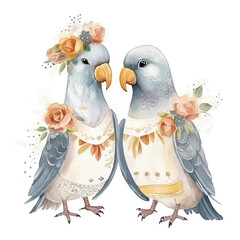 Vector watercolor illustration wedding bird parrot couple married with flowers colorful isolated on white background.