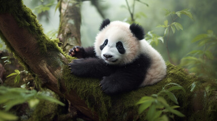 Cute panda in the jungle. Ai generative.